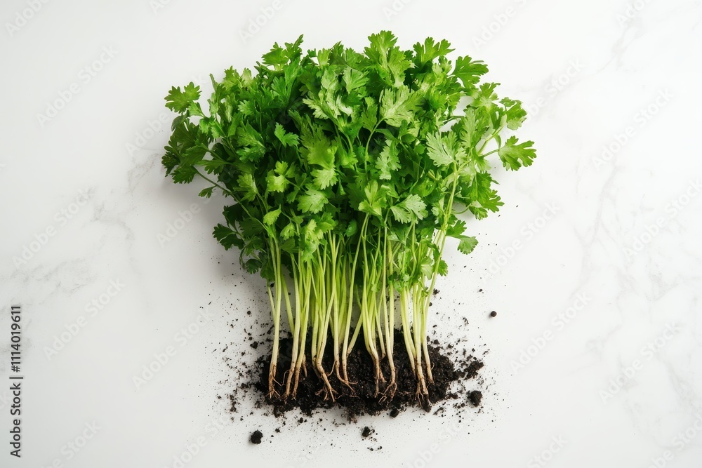 Cilantro Roots Process Fresh cilantro bunch with roots, soil. Illustrates organic, healthy ...