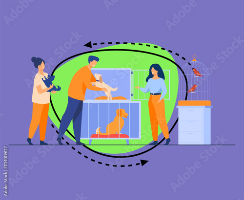 Pet store or animal shelter concept. Man taking puppy from cage, buying or adopting dog. Volunteers helping to choose homeless animal for adoption