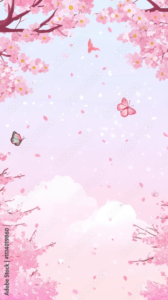 Enchanting Cherry Blossom Landscape with Fluttering Butterflies Enchanting Cherry Blossom Landscape with Fluttering Butterflies