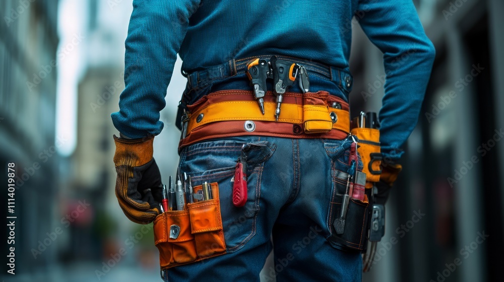 A worker with a tool belt stands in an urban environment, showcasing their equipment and readiness. A worker with a tool belt stands in an urban environment, showcasing their equipment and readiness.