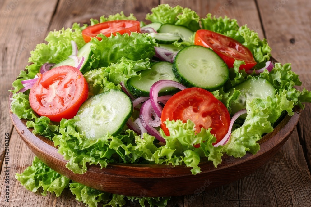 Delicious and nutritious salad with fresh tomatoes, cucumbers, spinach, lettuce, and red onion Delicious and nutritious salad with fresh tomatoes, cucumbers, spinach, lettuce, and red onion