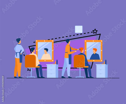 Men sitting in barbershop isolated flat vector illustration. Cartoon hairdressers doing haircut for male clients in chair. Hairdressing salon and beauty parlor concept