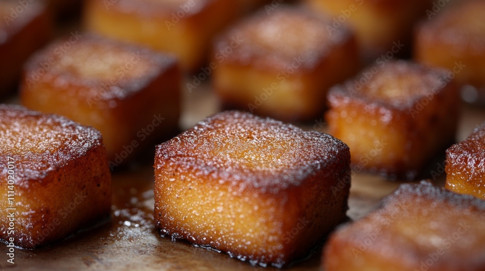 Golden Brown Caramelized Dessert Cubes on Wooden Background