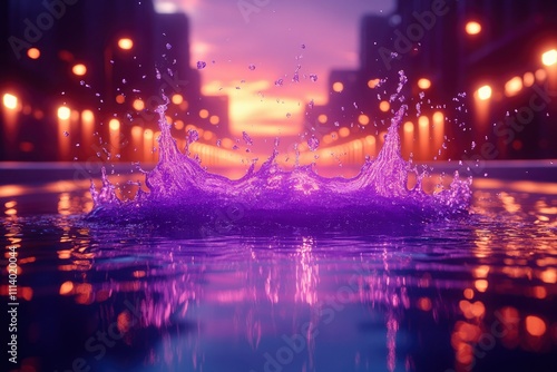 Purple Liquid Splash in City Nightscape photo