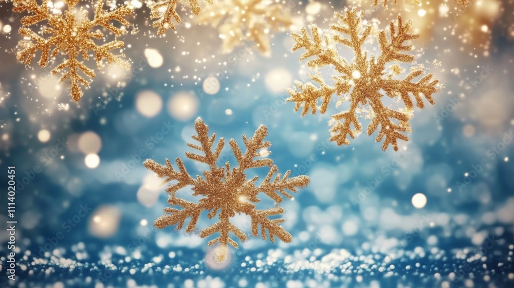 Elegant Golden Snowflakes on Blue Background with Glittering Particles and Delicate Light Effects, Perfect for Joyful New Year's Day Celebration, Silver-Grey and Gold Color Scheme, Festive Atmosphere Elegant Golden Snowflakes on Blue Background with Glittering Particles and Delicate Light Effects, Perfect for Joyful New Year's Day Celebration, Silver-Grey and Gold Color Scheme, Festive Atmosphere
