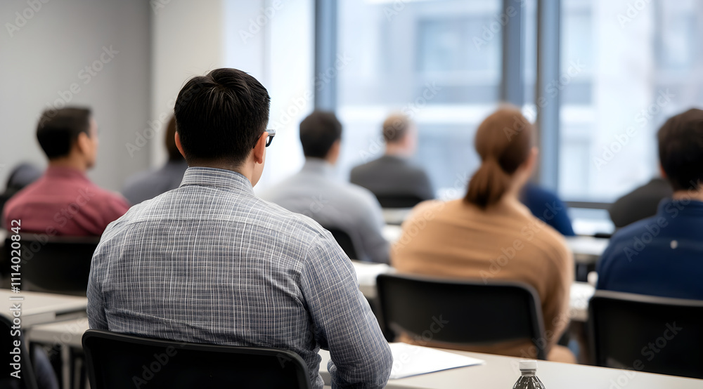 Obraz premium A group of attendees participates in a professional seminar, seated with their attention focused forward in a modern classroom setting.