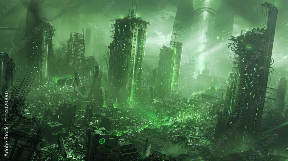 Obraz premium City in ruins and green smoke fog after an apocalypse or an alien invasion 