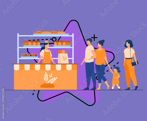 Small bread store interior flat vector illustration. Cartoon woman and man buying snacks in shop and standing in line. Business, food and bakery store concept