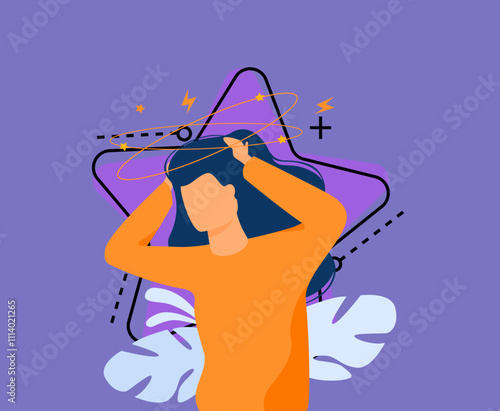 Sick person suffering from vertigo, feeling confused, dizzy and head ache. Flat vector illustration for stress, sickness symptoms, migraine, hangover concept