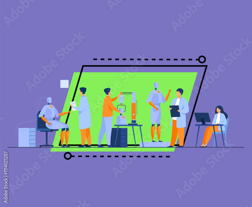 Scientists making robots in lab isolated flat vector illustration. Cartoon people creating computer hardware and machines. Science and technology development concept