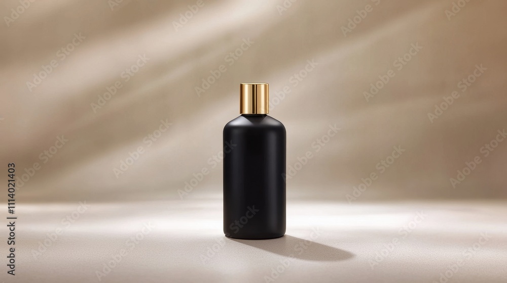 Elegant Black Bottle with Gold Cap on Soft Neutral Background, Perfect for Beauty Products, Fragrances, or Skincare Displays in Stock Photography Elegant Black Bottle with Gold Cap on Soft Neutral Background, Perfect for Beauty Products, Fragrances, or Skincare Displays in Stock Photography