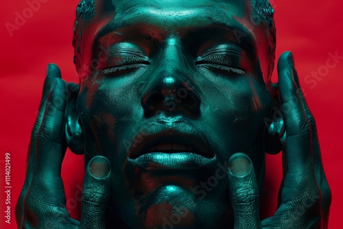 Striking metallic human head sculpture with intertwined hands against a bold red background photo