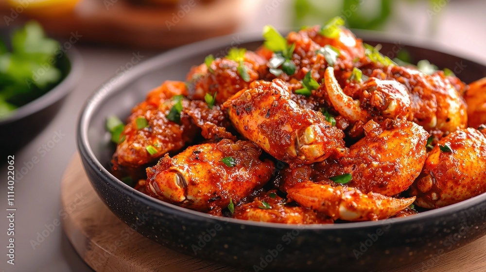 Delicious Singaporean Chili Crab Served on a Plate with Fresh Herbs and Spices Delicious Singaporean Chili Crab Served on a Plate with Fresh Herbs and Spices
