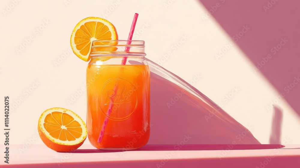 Refreshing Citrus Drink in Jar with Orange Slices and Straw Refreshing Citrus Drink in Jar with Orange Slices and Straw