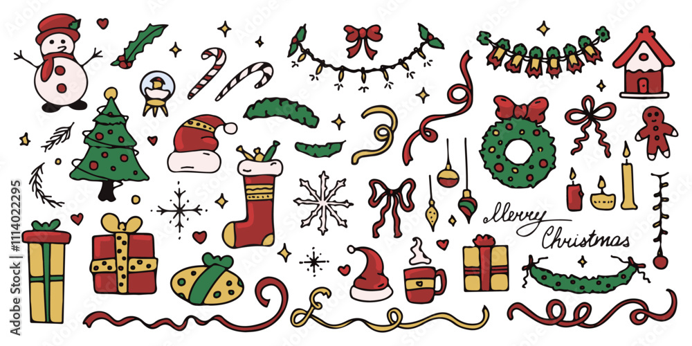 Naklejka premium Christmas and New Year line art colored doodle set, celebration drawings and symbols, ink sketches. Vector illustration.