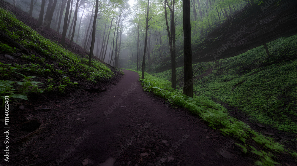 Fototapeta premium Serene forest trail winding through misty woods, lush greenery, and earthy tones. A tranquil and mysterious scene perfect for nature lovers.