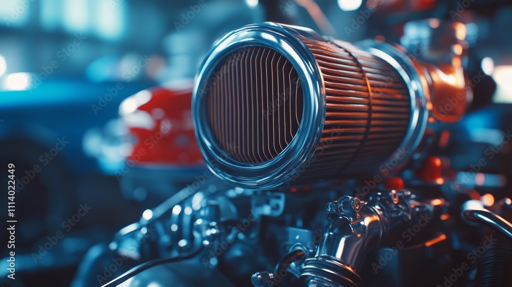 Fototapeta premium Close-up of a polished car engine component showcasing a high-performance air filter.