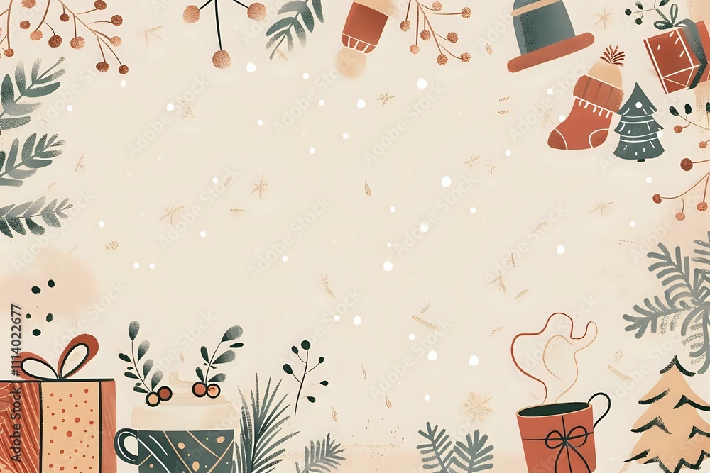 Winter Holiday Season: Festive Plants, Cozy Drinks, and Gift Presents Decorated with Natural Elements for a Joyful Celebration. A Whimsical Artistic Design Showcases the Spirit of the Season. Winter Holiday Season: Festive Plants, Cozy Drinks, and Gift Presents Decorated with Natural Elements for a Joyful Celebration. A Whimsical Artistic Design Showcases the Spirit of the Season.