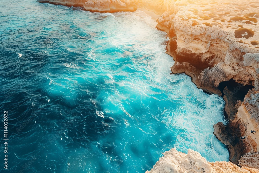 Aerial perspective of serene ocean waves and sandy beach on a bright sunny day drone view Aerial perspective of serene ocean waves and sandy beach on a bright sunny day drone view