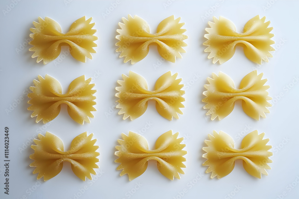 Bowtie-shaped farfalle pasta, carefully arranged on a pristine white background, perfect for culinary photography, recipe cards, or food blog visuals. Bowtie-shaped farfalle pasta, carefully arranged on a pristine white background, perfect for culinary photography, recipe cards, or food blog visuals.