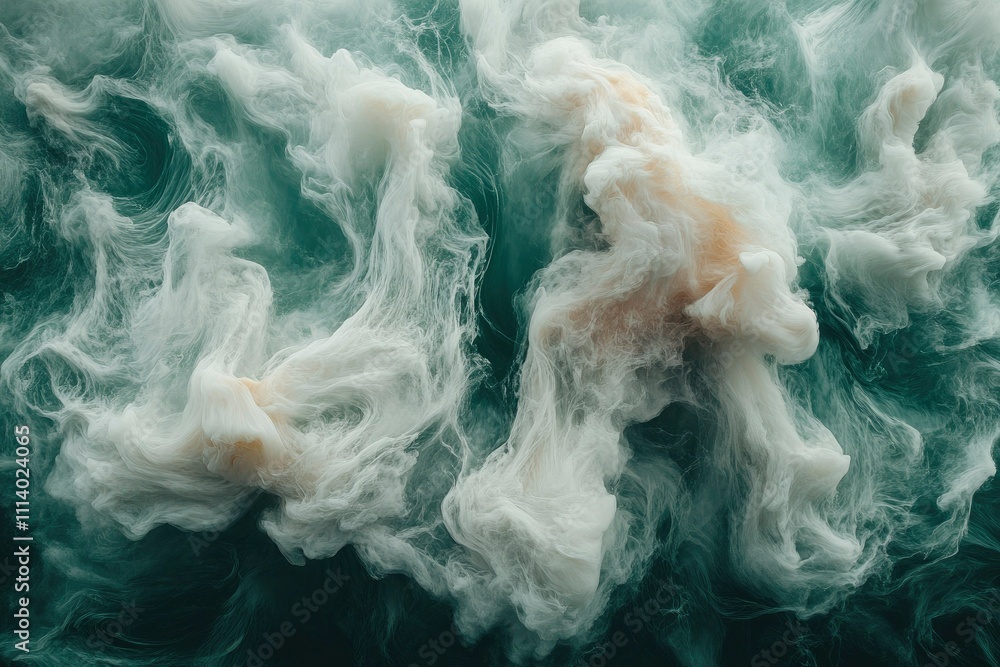 Obraz premium Abstract Swirling White and Teal Ink in Water, Ethereal Cloud-like Formation