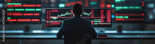 Trader analyzing market trends on multiple screens in a modern financial office setting.