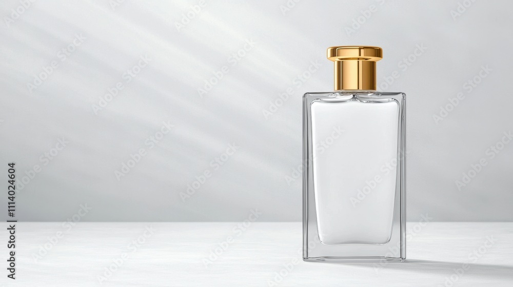 Elegant Clear Glass Bottle with Gold Cap on Light Grey Background Perfect for Fragrance or Cosmetic Products Presentation and Branding Elegant Clear Glass Bottle with Gold Cap on Light Grey Background Perfect for Fragrance or Cosmetic Products Presentation and Branding