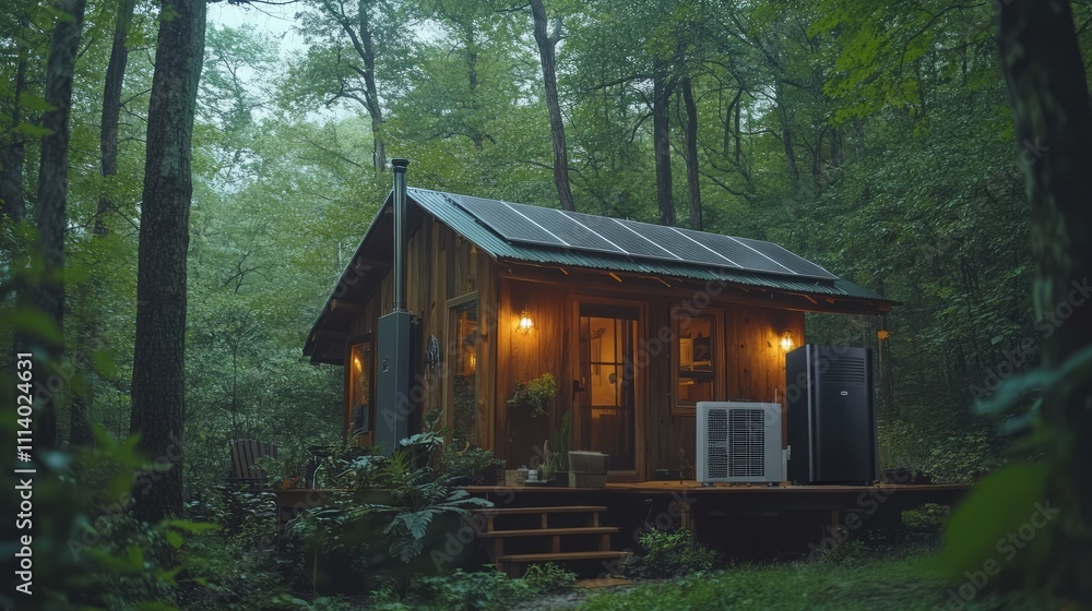 Cozy cabin in a lush forest with solar panels, exuding tranquility and sustainability. Cozy cabin in a lush forest with solar panels, exuding tranquility and sustainability.