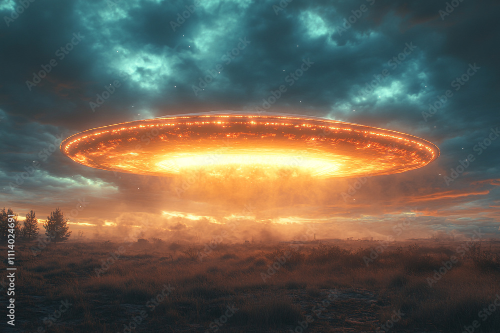 Glowing Spaceship Descends Over Desolate Landscape Glowing Spaceship Descends Over Desolate Landscape
