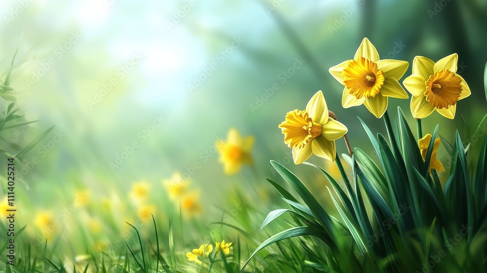 Fototapeta premium Vibrant yellow daffodils bloom in a lush green field, bathed in sunlight. Perfect for spring themes, nature, or Easter designs.