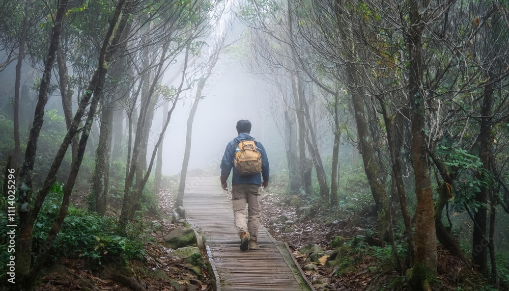 person venturing into a foggy forest or down a misty path person venturing into a foggy forest or down a misty path