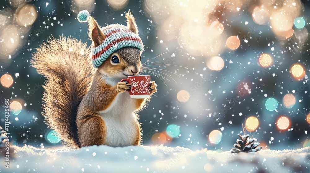 cute squirrel wearing a cozy knitted hat, happily sipping cocoa from a cup. cute squirrel wearing a cozy knitted hat, happily sipping cocoa from a cup.