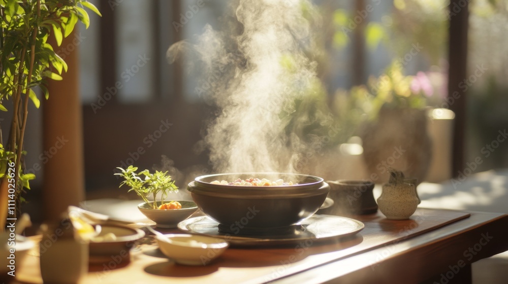 Steaming Hot Bowl of Delicious Soup on Wooden Table in Cozy Kitchen Steaming Hot Bowl of Delicious Soup on Wooden Table in Cozy Kitchen