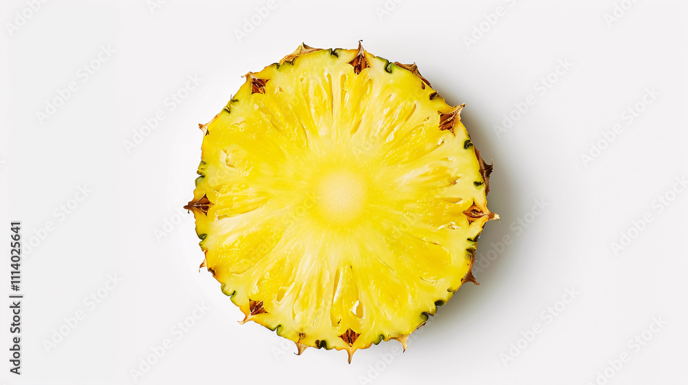 Top View of Pineapple Slice: A pineapple slice viewed from the top, isolated on a white background. Top View of Pineapple Slice: A pineapple slice viewed from the top, isolated on a white background.