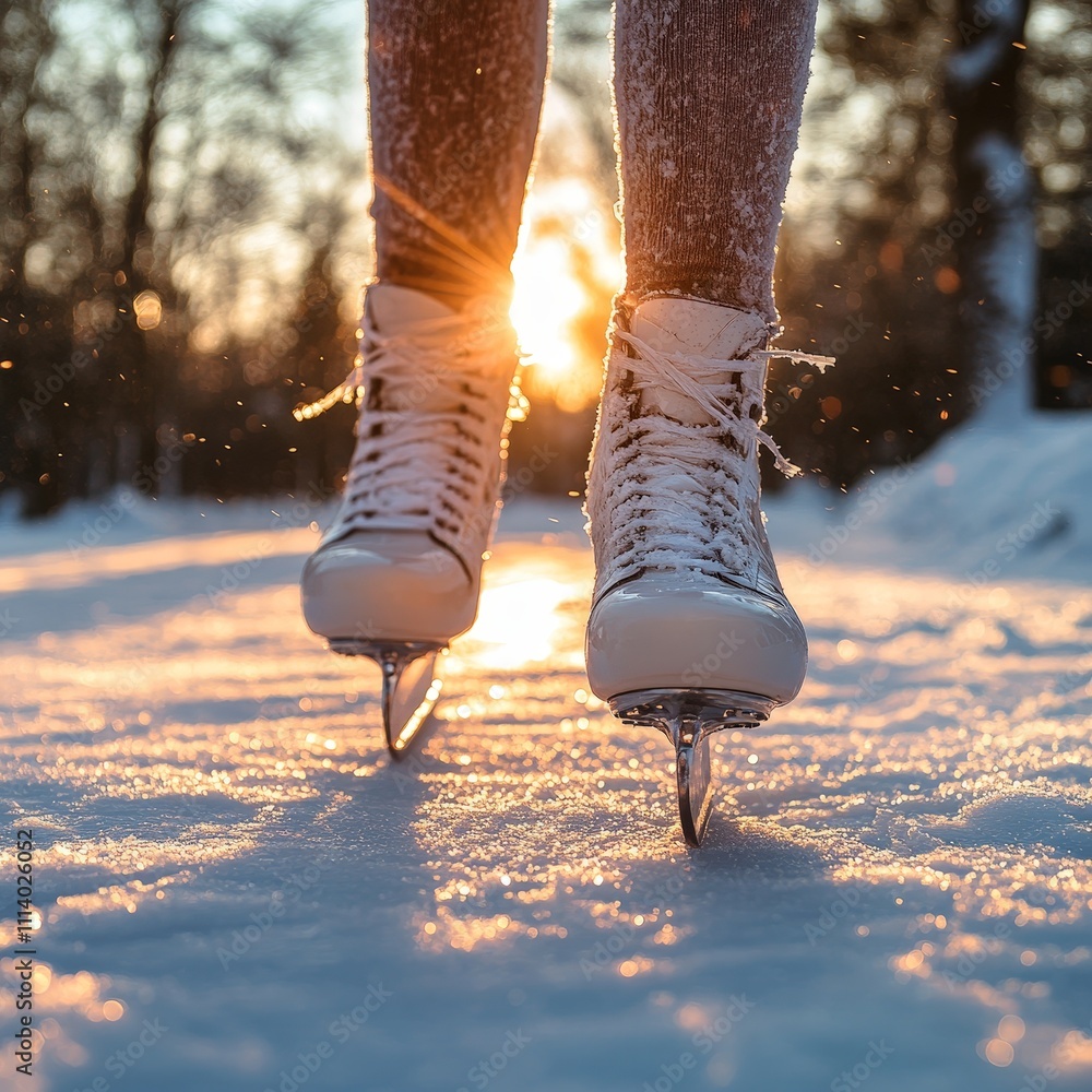 Ice Skates on Snowy Ice Rink at Sunset Ice Skates on Snowy Ice Rink at Sunset