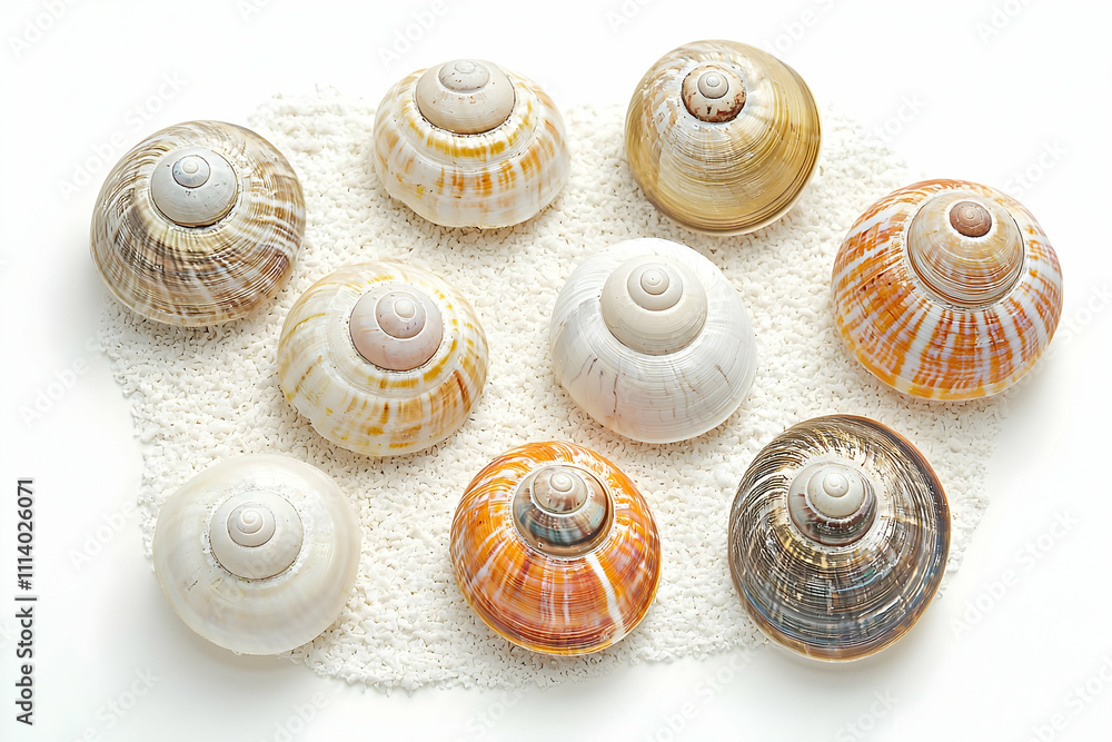 Delicate and intricately arranged sea snail shells resting on light white sand, captured on a plain white background, showcasing their natural charm and texture for nature-inspired content. Delicate and intricately arranged sea snail shells resting on light white sand, captured on a plain white background, showcasing their natural charm and texture for nature-inspired content.