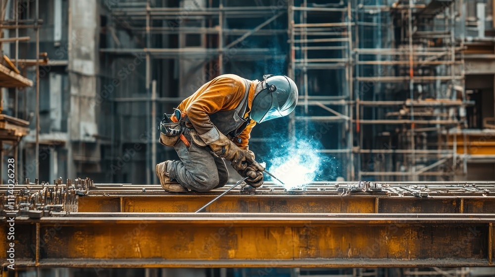 Welder in action at a construction site, sparks flying. Illustrates hard work, construction, and industrial strength. Welder in action at a construction site, sparks flying. Illustrates hard work, construction, and industrial strength.