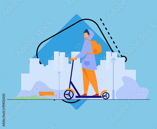 Young man riding electric scooter isolated flat vector illustration. Cartoon hipster riding along sidewalk in city park. Urban transportation and lifestyle concept