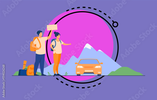 Young tourists with backpacks standing near road and hitchhiking isolated flat vector illustration. Cartoon happy couple thumbing to car. Vacation, road trip and adventure travel concept