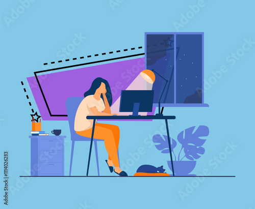 Woman working at night in home office isolated flat vector illustration. Cartoon female student learning via computer or designer late at work. Workplace and sleepless concept