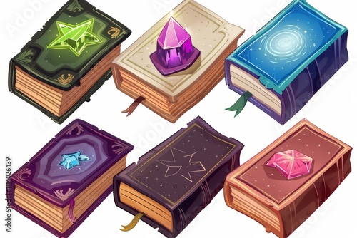 Illustration of witch's Grimoires, spell wizard books decorated with gemstones on dark background. Magic book icon for fantasy wizard game