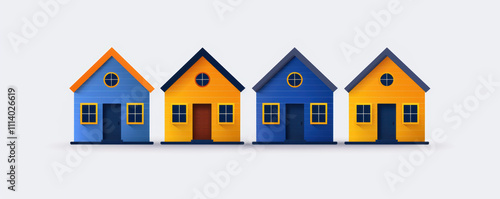 Geometric urban planning in a smart city environment, A collection of colorful houses in vibrant blue and yellow shades, representing modern architecture and design aesthetics.