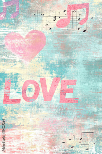 Wallpaper Mural Bright and vibrant colors create a joyful backdrop with musical notes and the word love prominently displayed, evoking a cheerful atmosphere Torontodigital.ca