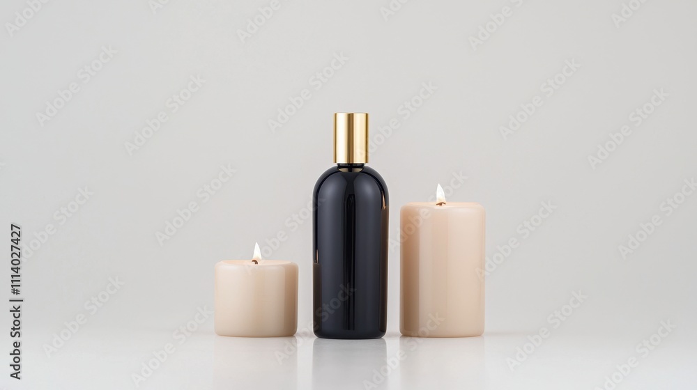 Elegant Black Bottle with Gold Cap Surrounded by Stylish Beige Candles, Perfect for Aromatherapy, Spa, Home Decor, and Relaxation Themes in Modern Settings Elegant Black Bottle with Gold Cap Surrounded by Stylish Beige Candles, Perfect for Aromatherapy, Spa, Home Decor, and Relaxation Themes in Modern Settings