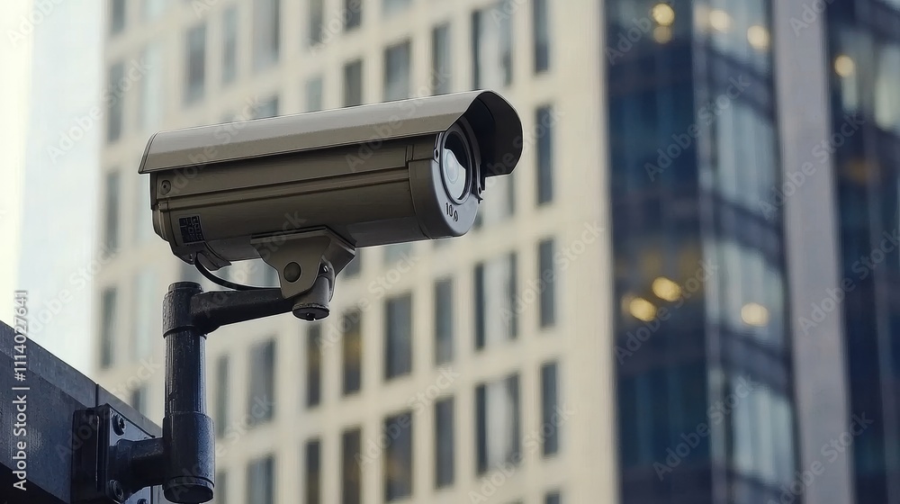 CCTV security camera monitoring a city street with blurry business buildings in the background, symbolizing urban surveillance, safety, and the role of security cameras in modern cities CCTV security camera monitoring a city street with blurry business buildings in the background, symbolizing urban surveillance, safety, and the role of security cameras in modern cities