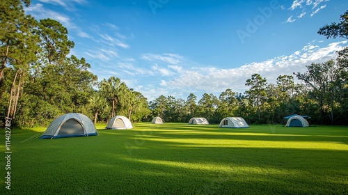 Spacious campground with multiple tents on a vast grassy field, surrounded by a forest, with a distant city skyline. Ideal parking lot and background for car advertisements.