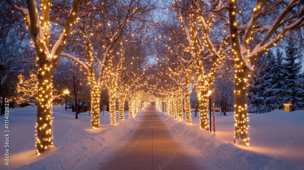Snowy Winter Pathway Lined with Twinkling Holiday Lights at Dusk Snowy Winter Pathway Lined with Twinkling Holiday Lights at Dusk