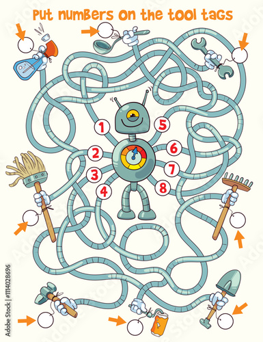 Children logic game to pass the maze. Put numbers on the tool tags. Educational game for kids. Choose right path. Funny cartoon character. Worksheet page