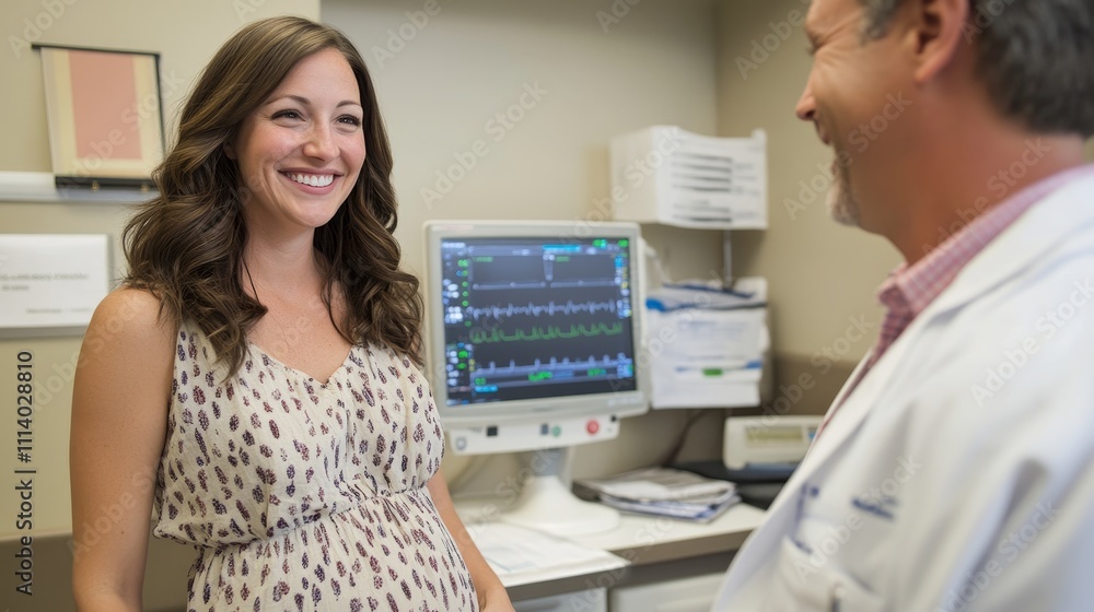 Obraz premium A smiling pregnant woman engages with a doctor in a medical setting, showcasing care and health.
