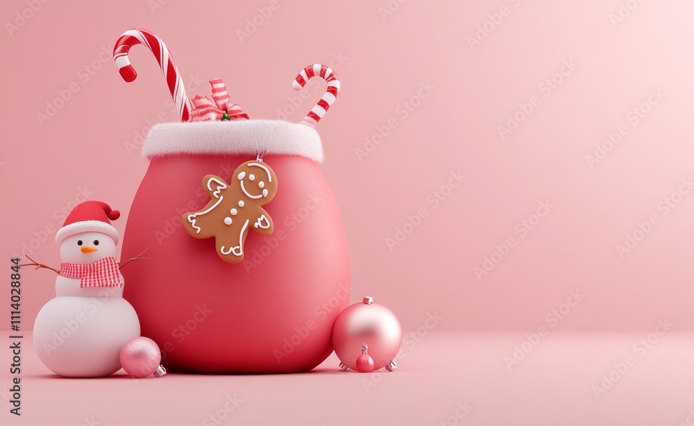 3D Christmas-themed cartoon illustration, featuring a large red bag with a candy cane and gingerbread man on the side, a small snowman next to it 3D Christmas-themed cartoon illustration, featuring a large red bag with a candy cane and gingerbread man on the side, a small snowman next to it